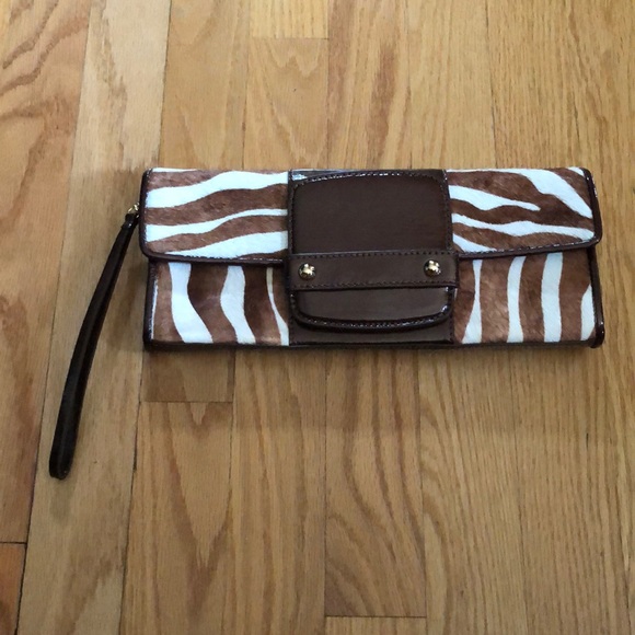 Alfani leather and brown and cram zebra ponyhair clutch removable strap - Picture 1 of 8